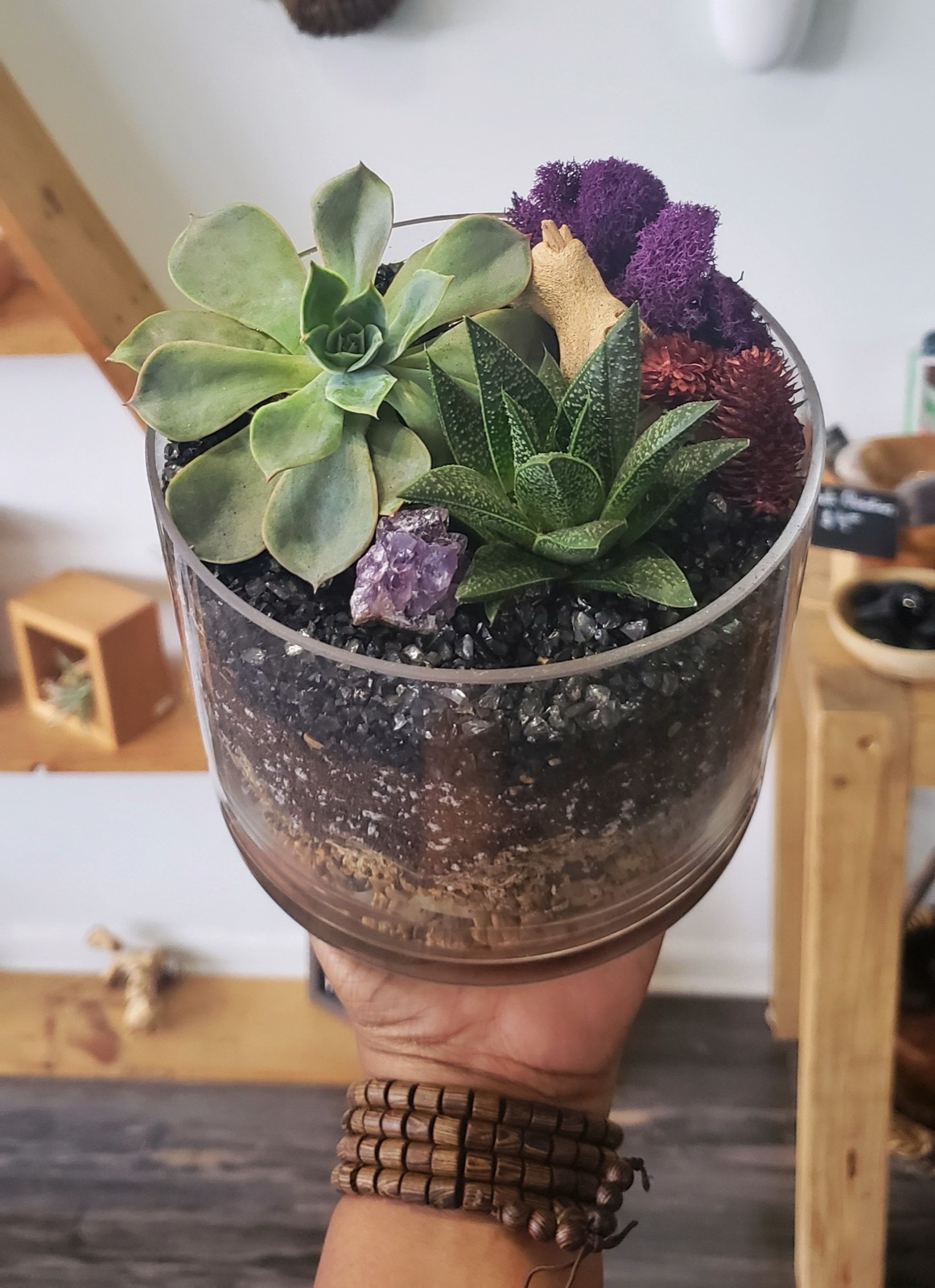A finished succulent terrarium with amethyst and purple moss, held up in the studio